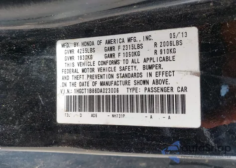 2013 Honda Accord Ex-L from USA, damaged, VIN 1HGCT1B86DA023006